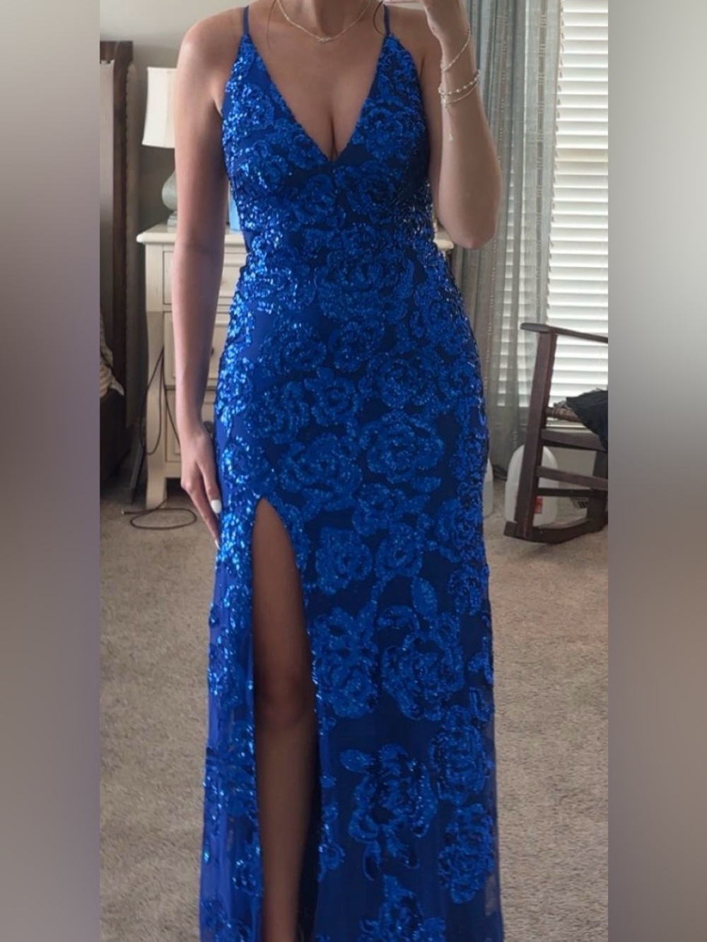 Von Maur Royal Blue prom dress with built-in bra, leg slit, and cross back - Picture 5 of 6